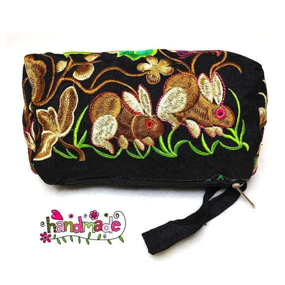 Embroidery Rabbits Floral Fabric Wristlet Pouch Black Brown Red 3-Layer Zippers - Picture 3 of 13